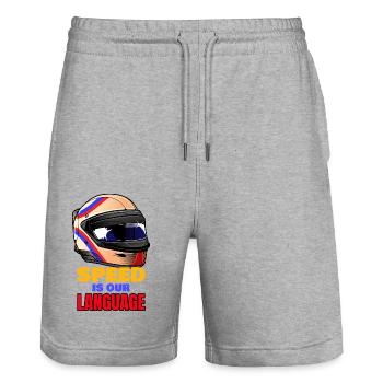 Racing Lover / Speed is our Language - Stanley/Stella Trainer Unisex Organic Jogging Shorts - heather grey - Front - Nik (191cm) & Marisol (170cm)