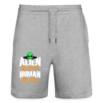Alien by Birth, Human by Day, Humor, Fun, Spaß, - Stanley/Stella Trainer Unisex Organic Jogging Shorts - heather grey - Front - Nik (191cm) & Marisol (170cm)