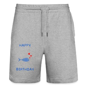 HAPPY BIRTHDAY. ANNIVERSAIRE. - Short de jogging bio TRAINER Stanley/Stella unisexe - gris chiné - Devant - Nik (191cm) & Marisol (170cm)