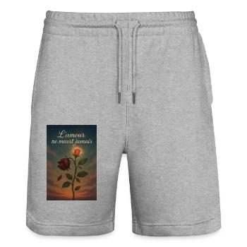 L'amour ne meurt jamais - Short de jogging bio TRAINER Stanley/Stella unisexe - gris chiné - Devant - Nik (191cm) & Marisol (170cm)