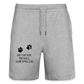 Zwei Pfoten: Die tut nix, die will nur spielen! - Stanley/Stella Unisex Bio Joggingshorts Trainer  - Grau meliert - Vorne - Nik (191cm) & Marisol (170cm)