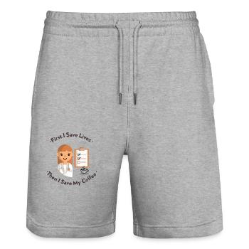 First I Save Lives Then I Save My Coffee - Stanley/Stella Trainer Unisex Organic Jogging Shorts - heather grey - Front - Nik (191cm) & Marisol (170cm)