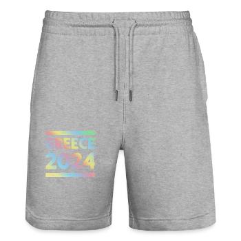 Grèce 2024 Équipe de vacances colorée - Short de jogging bio TRAINER Stanley/Stella unisexe - gris chiné - Devant - Nik (191cm) & Marisol (170cm)