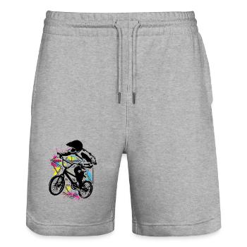 Bmx Racing Retro Bunt - Bmx Fahrrad - Bmx Bike - Stanley/Stella Unisex Bio Joggingshorts Trainer  - Grau meliert - Vorne - Nik (191cm) & Marisol (170cm)