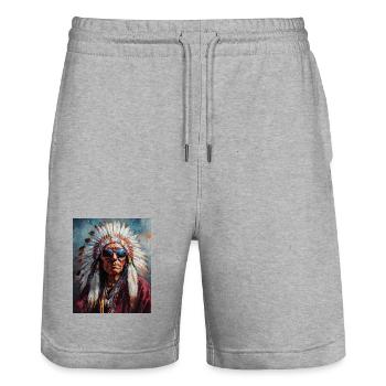 Indian chief with sunglasses - Stanley/Stella Trainer Unisex Organic Jogging Shorts - heather grey - Front - Nik (191cm) & Marisol (170cm)