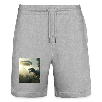 T-Rex Selfie mit UFO - Stanley/Stella Unisex Bio Joggingshorts Trainer  - Grau meliert - Vorne - Nik (191cm) & Marisol (170cm)