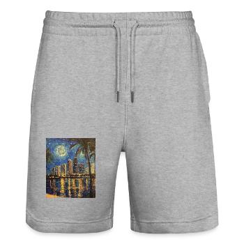 Miami Beach, Floride, Van Gogh, Nuit étoilée - Short de jogging bio TRAINER Stanley/Stella unisexe - gris chiné - Devant - Nik (191cm) & Marisol (170cm)