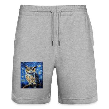 hibou oiseau style van gogh nuit étoilée - Short de jogging bio TRAINER Stanley/Stella unisexe - gris chiné - Devant - Nik (191cm) & Marisol (170cm)
