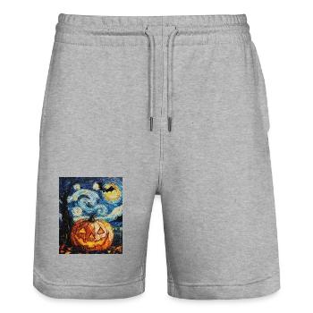 Pumpkin Bat Halloween Van Gogh Starry Night - Stanley/Stella Trainer Unisex Organic Jogging Shorts - heather grey - Front - Nik (191cm) & Marisol (170cm)