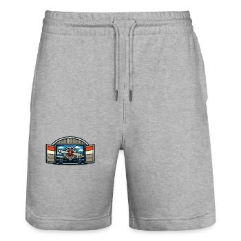 Retro Propeller Flugzeug Hangar - Stanley/Stella Unisex Bio Joggingshorts Trainer  - Grau meliert - Vorne - Nik (191cm) & Marisol (170cm)