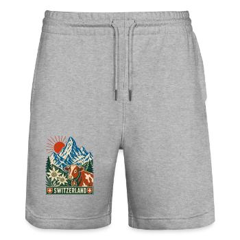 Schweizer Bergkuh im Sonnenaufgang - Stanley/Stella Unisex Bio Joggingshorts Trainer  - Grau meliert - Vorne - Nik (191cm) & Marisol (170cm)