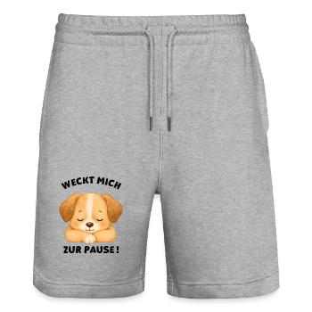 Klassentier Hund "Weckt mich zur Pause!" - Stanley/Stella Unisex Bio Joggingshorts Trainer  - Grau meliert - Vorne - Nik (191cm) & Marisol (170cm)