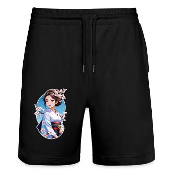 Japanese woman in kimono - Japan - manga - Stanley/Stella Trainer Unisex Organic Jogging Shorts - black - Front - Nik (191cm) & Marisol (170cm)