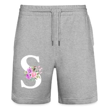 Lettre S floral violet - Short de jogging bio TRAINER Stanley/Stella unisexe - gris chiné - Devant - Nik (191cm) & Marisol (170cm)