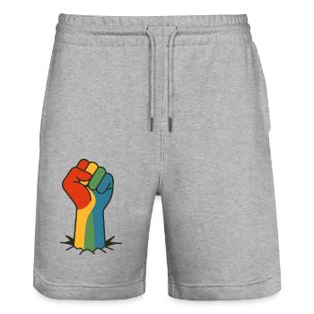 Rainbow Fist PRO DIVERS | LGBTQR+ - Stanley/Stella Trainer Unisex Organic Jogging Shorts - heather grey - Front - Nik (191cm) & Marisol (170cm)