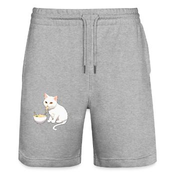 Chat qui mange des ramens #1 - Short de jogging bio TRAINER Stanley/Stella unisexe - gris chiné - Devant - Nik (191cm) & Marisol (170cm)