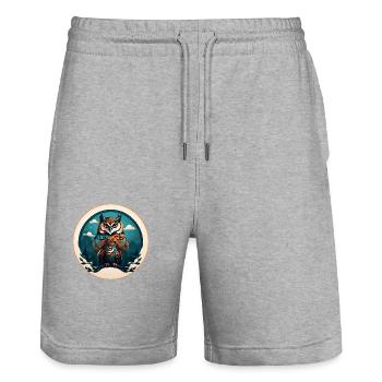 Conception graphique colorée de hibou pour les fans de hiboux - Short de jogging bio TRAINER Stanley/Stella unisexe - gris chiné - Devant - Nik (191cm) & Marisol (170cm)