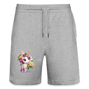 Licorne avec couronne de fleurs – Couleurs pastel - Short de jogging bio TRAINER Stanley/Stella unisexe - gris chiné - Devant - Nik (191cm) & Marisol (170cm)