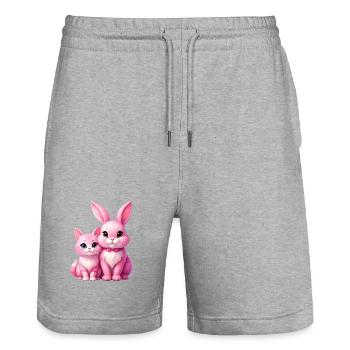Pink rabbit and cat as plush toys - Stanley/Stella Trainer Unisex Organic Jogging Shorts - heather grey - Front - Nik (191cm) & Marisol (170cm)