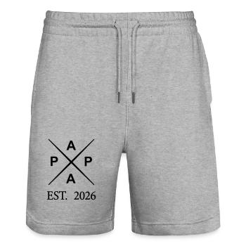 papa_est_2026- - Stanley/Stella Unisex Bio Joggingshorts Trainer  - Grau meliert - Vorne - Nik (191cm) & Marisol (170cm)