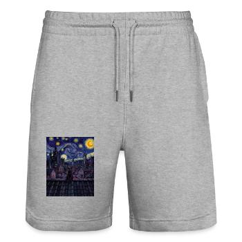 Mitternachtskatze über wirbelnder Skyline - Stanley/Stella Unisex Bio Joggingshorts Trainer  - Grau meliert - Vorne - Nik (191cm) & Marisol (170cm)