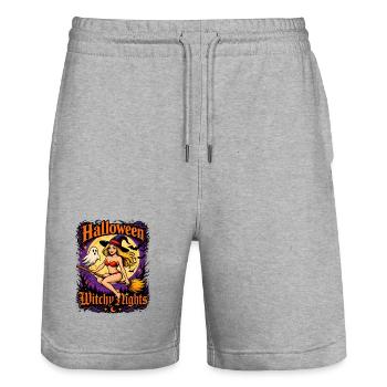 Witchy Nights Halloween Witch on Broom - Stanley/Stella Trainer Unisex Organic Jogging Shorts - heather grey - Front - Nik (191cm) & Marisol (170cm)