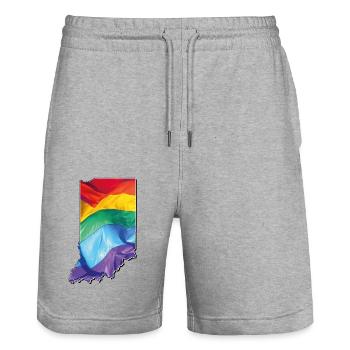 Drapeau LGBTQ sur la carte de l’État de l’Indiana - Short de jogging bio TRAINER Stanley/Stella unisexe - gris chiné - Devant - Nik (191cm) & Marisol (170cm)
