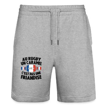 Au Rugby Un Caramel C'est Pas Une Friandise - Short de jogging bio TRAINER Stanley/Stella unisexe - gris chiné - Devant - Nik (191cm) & Marisol (170cm)