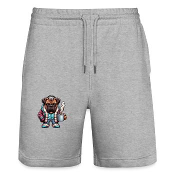 Bulldogge in Pyjama und Schal mit Kaffeetasse - Stanley/Stella Unisex Bio Joggingshorts Trainer  - Grau meliert - Vorne - Nik (191cm) & Marisol (170cm)