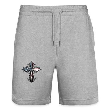 Patriotisches Kreuz Amerikanische Flagge Glaube - Stanley/Stella Unisex Bio Joggingshorts Trainer  - Grau meliert - Vorne - Nik (191cm) & Marisol (170cm)