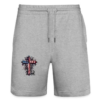 Patriotisches Kreuz Amerikanische Flagge Glaube - Stanley/Stella Unisex Bio Joggingshorts Trainer  - Grau meliert - Vorne - Nik (191cm) & Marisol (170cm)