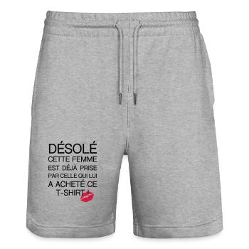 desole femme prise - Short de jogging bio TRAINER Stanley/Stella unisexe - gris chiné - Devant - Nik (191cm) & Marisol (170cm)