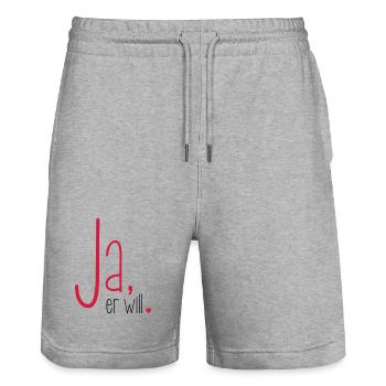 Ja er will - Junggesellenabschied Junggeselle - Stanley/Stella Unisex Bio Joggingshorts Trainer  - Grau meliert - Vorne - Nik (191cm) & Marisol (170cm)