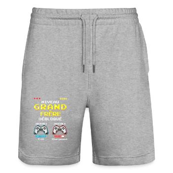 Big Brother Level Unlocked Gamer, demnächst verfügbar - Stanley/Stella Unisex Bio Joggingshorts Trainer  - Grau meliert - Vorne - Nik (191cm) & Marisol (170cm)