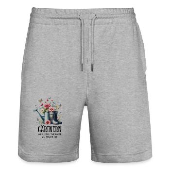 Gärtnern weil Therapie zu teuer – Garten Spruch - Stanley/Stella Unisex Bio Joggingshorts Trainer  - Grau meliert - Vorne - Nik (191cm) & Marisol (170cm)