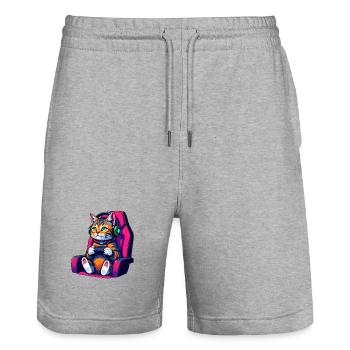 Retro Gamer Cat with Headset and Controller - Stanley/Stella Trainer Unisex Organic Jogging Shorts - heather grey - Front - Nik (191cm) & Marisol (170cm)