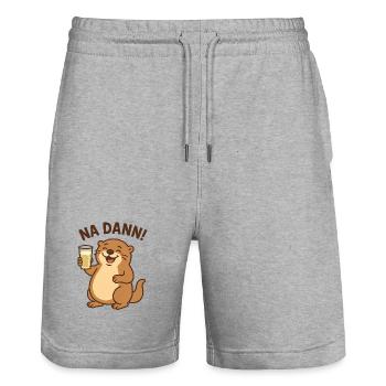 Humorous otter with beer glass coffee graphic - Stanley/Stella Trainer Unisex Organic Jogging Shorts - heather grey - Front - Nik (191cm) & Marisol (170cm)