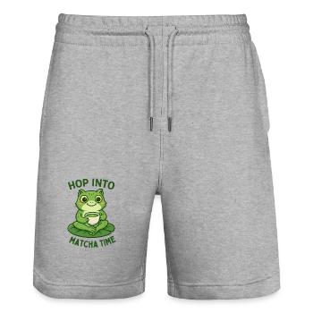 Matcha Frog Tea Time Motif Breakfast - Stanley/Stella Trainer Unisex Organic Jogging Shorts - heather grey - Front - Nik (191cm) & Marisol (170cm)