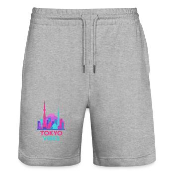 Tokio Vibes Neon Skyline Silhouette Stadt  - Stanley/Stella Unisex Bio Joggingshorts Trainer  - Grau meliert - Vorne - Nik (191cm) & Marisol (170cm)