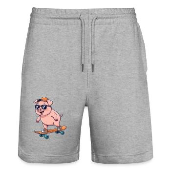 Lustiges Schwein läuft auf Skateboard Cartoon-Skater - Stanley/Stella Unisex Bio Joggingshorts Trainer  - Grau meliert - Vorne - Nik (191cm) & Marisol (170cm)