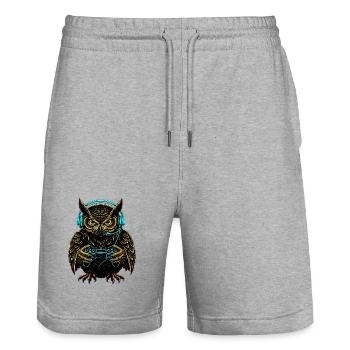 Jeux d’animaux Jeux de hibou Drôle de chouette - Short de jogging bio TRAINER Stanley/Stella unisexe - gris chiné - Devant - Nik (191cm) & Marisol (170cm)