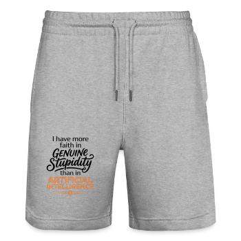 Citation drôle anti-IA - Foi dans la stupidité - Short de jogging bio TRAINER Stanley/Stella unisexe - gris chiné - Devant - Nik (191cm) & Marisol (170cm)