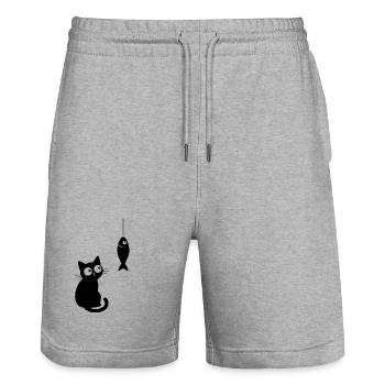 Black Cat and Fish Curiosity - Stanley/Stella Trainer Unisex Organic Jogging Shorts - heather grey - Front - Nik (191cm) & Marisol (170cm)