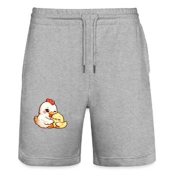 Mother hen cuddles with her little chick - Stanley/Stella Trainer Unisex Organic Jogging Shorts - heather grey - Front - Nik (191cm) & Marisol (170cm)