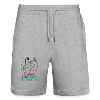 Endlich Schulkind 2026 Dino Feier - Stanley/Stella Unisex Bio Joggingshorts Trainer  - Grau meliert - Vorne - Nik (191cm) & Marisol (170cm)