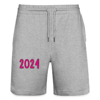 2024. FROHES NEUES JAHR. SILVESTER. NEUJAHR - Stanley/Stella Unisex Bio Joggingshorts Trainer  - Grau meliert - Vorne - Nik (191cm) & Marisol (170cm)