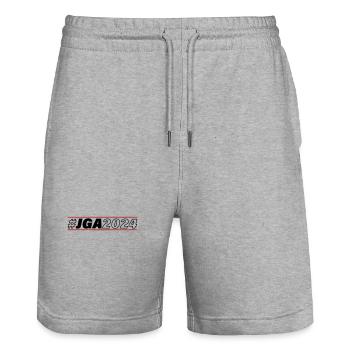 Junggesellen Abschied Jga 2024 Spruch - Stanley/Stella Unisex Bio Joggingshorts Trainer  - Grau meliert - Vorne - Nik (191cm) & Marisol (170cm)