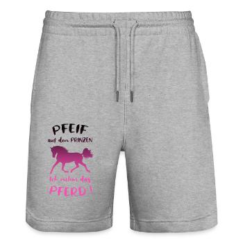 Pfeif auf den Prinzen, Ich nehm das Pferd, Spruch - Stanley/Stella Unisex Bio Joggingshorts Trainer  - Grau meliert - Vorne - Nik (191cm) & Marisol (170cm)