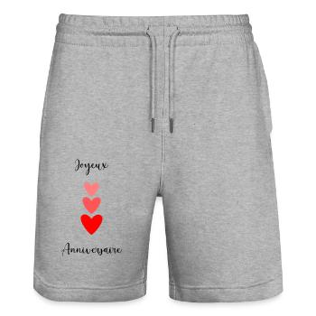Birthday. HAPPY BIRTHDAY. Happy birthday. - Stanley/Stella Trainer Unisex Organic Jogging Shorts - heather grey - Front - Nik (191cm) & Marisol (170cm)