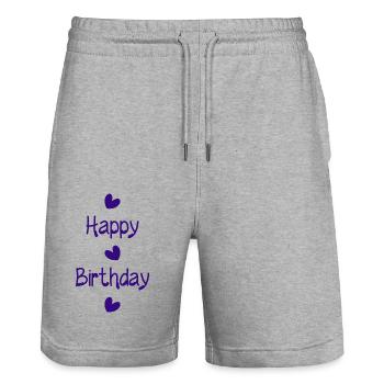 HAPPY BIRTHDAY. JOYEUX ANNIVERSAIRE. ANNIVERSAIRE. - Short de jogging bio TRAINER Stanley/Stella unisexe - gris chiné - Devant - Nik (191cm) & Marisol (170cm)